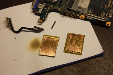 Two attempts at etching the PCB